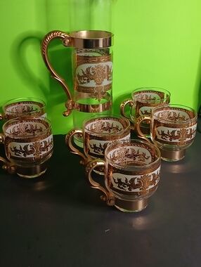 Ornate Gold-Trim Glass Beverage Set with Pitcher